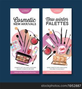 Cosmetic flyer design with highlighter, lip tint, eyeshadow illustration watercolor.