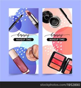 Cosmetic flyer design with lipstick, eyeliner, eyeshadow illustration watercolor.