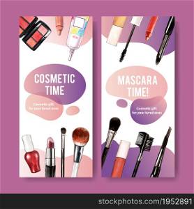 Cosmetic flyer design with mascara, lipstick, brush on illustration watercolor.