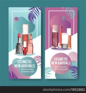 Cosmetic flyer design with various lipsticks illustration watercolor.