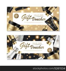 Cosmetic Gift Voucher Design. Two horizontal cosmetic vouchers set with gift card design beauty product images and luxury brand collection vector illustration