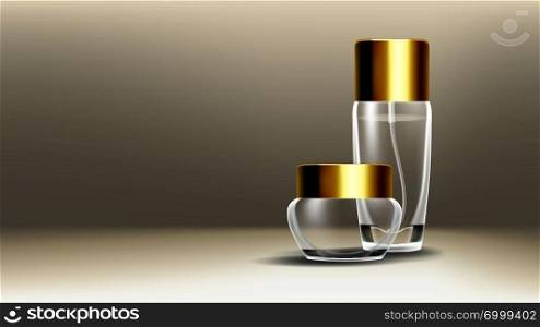 Cosmetic Glass Design Vector. Face Care. Facial Lotion. Spa, Makeup. Bottle. Jar. 3D Transparent Realistic Mockup Template Illustration. Cosmetic Glass Design Vector. Face Care. Facial Lotion. Spa, Makeup. Bottle. Jar. 3D Isolated Transparent Realistic Mockup Template Illustration
