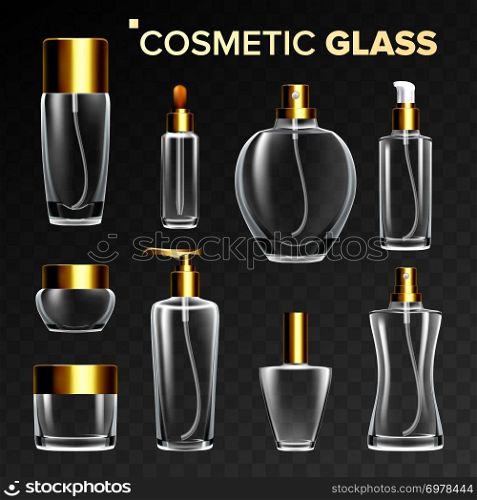Cosmetic Glass Set Vector. Empty Glass Bottle, Tube, Box, Jar Package. Skincare Beauty Healthy Product For Women s Cosmetics Branding Desig. Isolated Transparent Realistic Mockup Illustration. Cosmetic Glass Set Vector. Empty Glass Bottle, Tube, Box, Jar Package. Skincare Beauty Healthy Product For Women s Cosmetics Branding Desig. Isolated Transparent Realistic Mockup Template Illustration