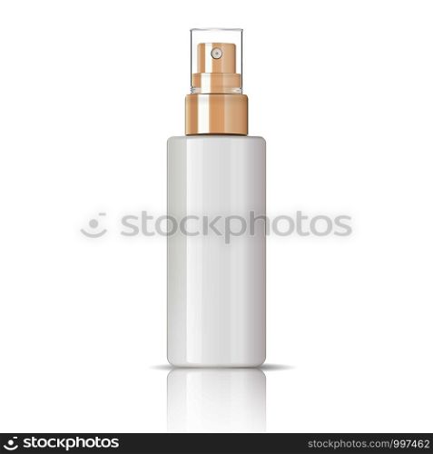 Cosmetic glossy plastic or glass bottle with dispenser spray pump. Sprayer Liquid container for gel, lotion, cream, serum, base. Beauty cosmetics product package. Vector illustration.. Cosmetic plastic glass bottle dispenser spray pump
