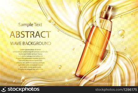 Cosmetic hair care oil realistic vector poster. Glass pump bottle with golden liquid inside, flowing streams or gold oil splashes, flying drops on yellow transparent wavy background. Natural cosmetics. Cosmetic hair care oil with liquid splashes