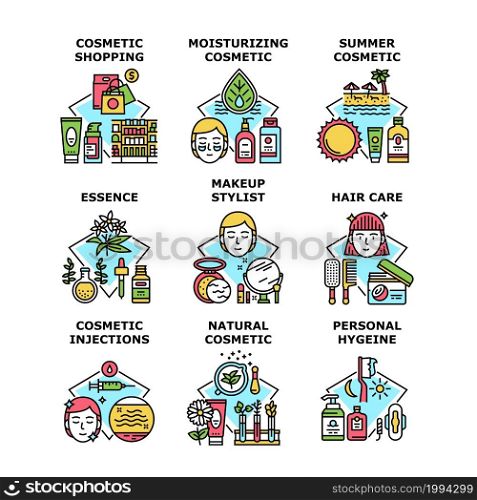 Cosmetic Hygiene Set Icons Vector Illustrations. Cosmetic Hygiene And Hair Care, Natural Summer Cosmetology And Moisturizing Cream, Makeup Stylist And Injections Color Illustrations. Cosmetic Hygiene Set Icons Vector Illustrations