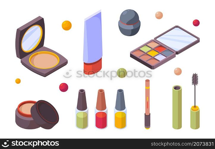 Cosmetic isometric. Beauty makeup accessories for women lipstick eye shadow mirror pencils for lips garish vector icons. Beauty isometric product, powder and cosmetic illustration. Cosmetic isometric. Beauty makeup accessories for women lipstick eye shadow mirror pencils for lips garish vector icons