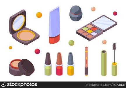 Cosmetic isometric. Beauty makeup accessories for women lipstick eye shadow mirror pencils for lips garish vector icons. Beauty isometric product, powder and cosmetic illustration. Cosmetic isometric. Beauty makeup accessories for women lipstick eye shadow mirror pencils for lips garish vector icons