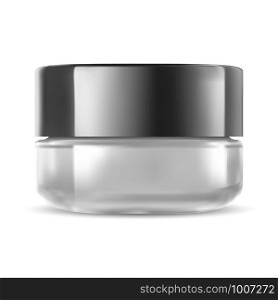 Cosmetic jar. Glass cream bottle. Transparent blank mockup with black lid. Empty white container for face or skin care product. Round 3d packaging for luxury makeup powder. Cosmetic jar. Glass cream bottle. Transparent