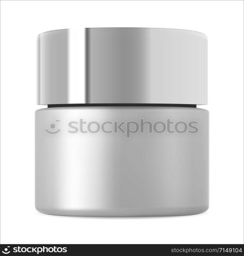 Cosmetic jar mockup. Body cream bottle template. Glossy silver scrub container blank. Round powder packaging for face creme. Moisturizer product pot. Cosmetic jar mockup. Body cream bottle template