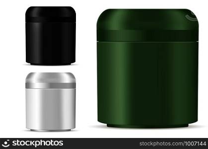Cosmetic jar mockup for cream, ointment, powder and other products. Photo realistic packaging template with sample label and logo design. Front view. Vector 3d illustration.. Cosmetic jar mockup for cream, ointment, powder