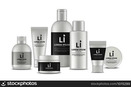 Cosmetic labels packages. Blank containers for cream beauty makeup box and tubes or bottles vector mockup realistic. Bottle plastic for makeup product, container and tube, cream and lotion. Cosmetic labels packages. Blank containers for cream beauty makeup box and tubes or bottles vector mockup realistic