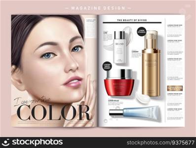 Cosmetic magazine template, attractive model with product containers in 3d illustration, top view. Cosmetic magazine template
