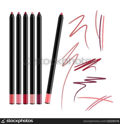 Cosmetic Make-up Eye liner Set Pencils Vector Isolated on White Background. Collection of lipliner pens for contour in glamour luxury vogue style. Color smear samples pencil stroke.