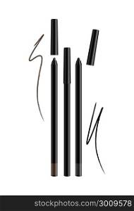 Cosmetic Make-up Eye liner Set Pencils Vector Isolated on White Background. Collection of lipliner pens for contour in glamour luxury vogue style. Color smear samples pencil stroke.