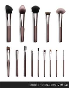 Cosmetic makeup brush realistic set of face and eye beauty tools vector design. Powder, eyeshadow and blush, bronzer, concealer and foundation brushes, brow and lash combs, fan, flat and angled liners. Makeup brush set, realistic cosmetic beauty tools