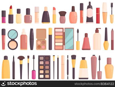 Cosmetic makeup icons set cartoon vector. Skincare bag. Skin beauty. Cosmetic makeup icons set cartoon vector. Skincare bag