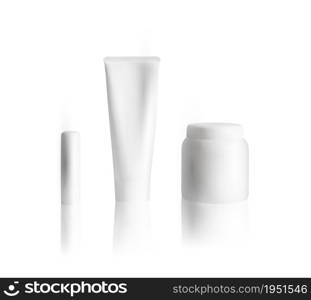 Cosmetic mock up on white background. Lipstick mockup, cream tube, cosmetic jar mockup.. Cosmetic mock up on white background. Lipstick mockup, cream tube, cosmetic jar mockup. Vector illustration.