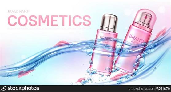 Cosmetic moisturizing beauty product in water flow, flower petals realistic vector poster. Pink elegant spray bottle for female deodorant, perfume floating in sparkling water with bubbles, lens flare. Pink spray bottle female perfume in water flow