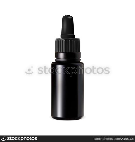 Cosmetic oil dropper bottle mock up. Black serum flask vector illustration. Fruit or herb essence oil container mockup. Natural apothecary aroma treatment vial. Eyedropper container, white background. Cosmetic oil dropper bottle mock up. Serum flask