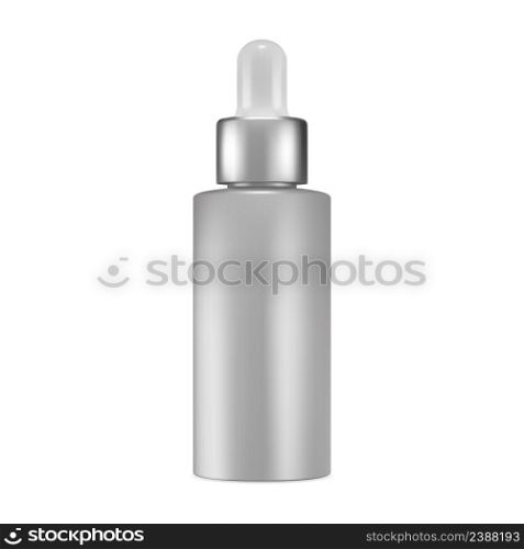 Cosmetic oil dropper bottle. Serum essence bottle mockup. Silver eyedropper vial for collagen product. Essential oil pipette flask, natural aroma care treatment jar template design. Cosmetic oil dropper bottle. Serum essence bottle