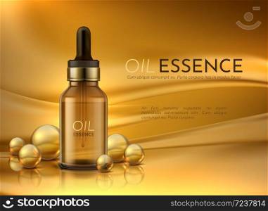 Cosmetic oil. Realistic advertisement banner with beauty cosmetics and golden oil drops. Vector luxury product with yellow liquid in brown bottle with pipette on the background bubbles. Cosmetic oil. Realistic advertisement banner with beauty cosmetics and golden oil drops. Vector luxury product with yellow liquid