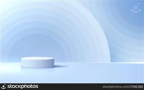 Cosmetic on blue background and premium podium display for product presentation branding and packaging . studio stage with shadow and blue rainbow background. vector design.