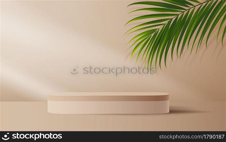 Cosmetic on brown background and premium podium display for product presentation branding and packaging . studio stage with shadow of leaf background. vector design.