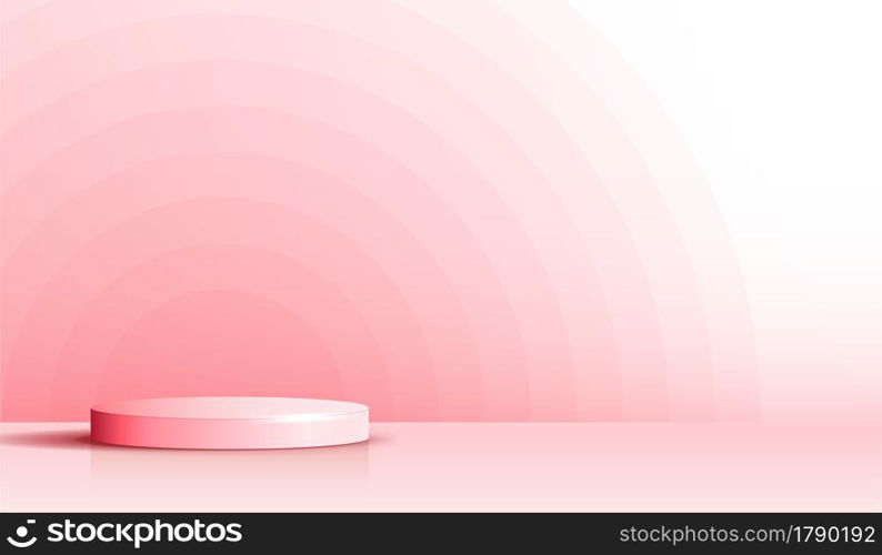 Cosmetic on pink background and premium podium display for product presentation branding and packaging . studio stage with shadow and pink rainbow background. vector design.