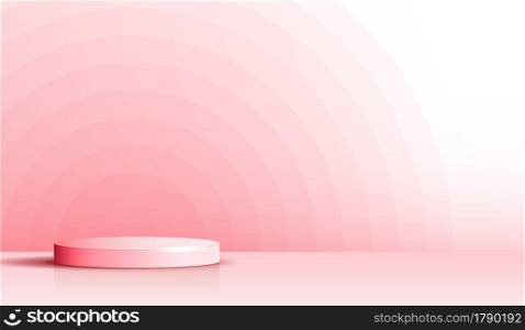 Cosmetic on pink background and premium podium display for product presentation branding and packaging . studio stage with shadow and pink rainbow background. vector design.