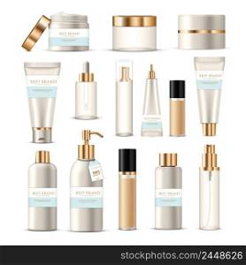 Cosmetic package collection of isolated beauty product images creams lotions with golden and silver branding decoration vector illustration. Cosmetic Packaging Tubes Set