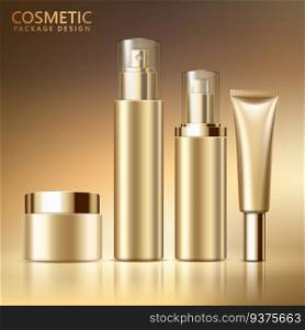 Cosmetic package design set, blank cosmetic containers mockup for design uses in golden color tone, 3d illustration. Cosmetic package design set