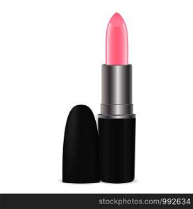 Cosmetic package for makeup. Lipstick mockup vector package illustration. Pink color in black shell. Ready for your design and branding.. Cosmetic package for makeup. Lipstick mockup