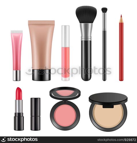 Cosmetic packages. Various realistic pictures of cosmetics for women. Cosmetic product bottle, care and beauty cream, vector illustration. Cosmetic packages. Various realistic pictures of cosmetics for women