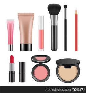 Cosmetic packages. Various realistic pictures of cosmetics for women. Cosmetic product bottle, care and beauty cream, vector illustration. Cosmetic packages. Various realistic pictures of cosmetics for women