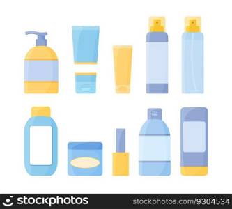 Cosmetic packaging set. Vector collection of cream bottles, tubes, spray. Beauty and skin care products isolated. Flat templates of cosmetic package.. Cosmetic packaging set. Vector collection of cream bottles, tubes, spray. Beauty and skin care products isolated. Flat templates of cosmetic package