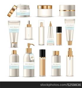 Cosmetic Packaging Tubes Set. Cosmetic package collection of isolated beauty product images creams lotions with golden and silver branding decoration vector illustration