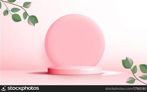 Cosmetic pink background and premium podium display for product presentation branding and packaging. studio stage with cloud and leaf on background. vector design.