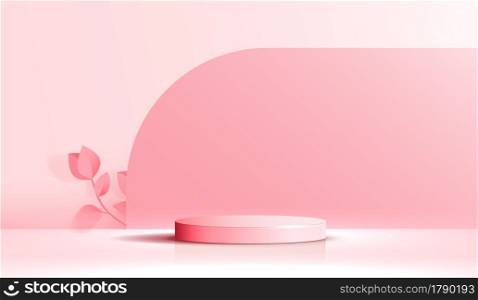Cosmetic pink background and premium podium display for product presentation branding and packaging. studio stage with cloud and leaf on background. vector design.