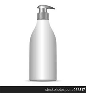 Cosmetic plastic bottle with pump dispenser. EPS10 Vector illustration. Liquid container for gel, lotion, cream, shampoo, bath foam.. Cosmetic plastic bottle with pump dispenser.