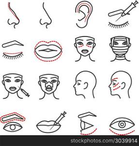Cosmetic plastic face surgery vector thin line icons set. Cosmetic plastic face surgery vector thin line icons set. Procedure medical with eye, lip and nose illustration