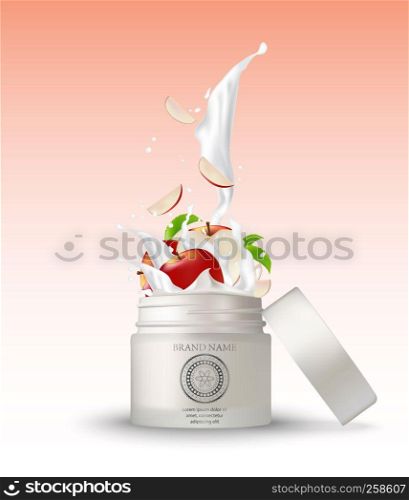 Cosmetic plastic jar with apple cream splashing. Isolated white background mockup template. 3d cosmetic container for cream, powder or gel. Packaging design element. Vector illustration.