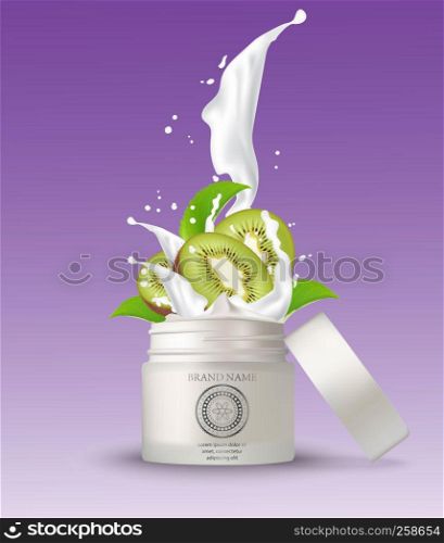 Cosmetic plastic jar with kiwi cream splashing. Isolated white background mockup template. 3d cosmetic container for cream, powder or gel. Packaging design element. Vector illustration.