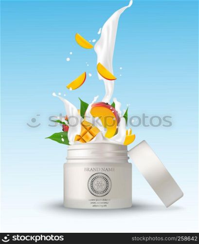 Cosmetic plastic jar with mango cream splashing. Isolated white background mockup template. 3d cosmetic container for cream, powder or gel. Packaging design element. Vector illustration.