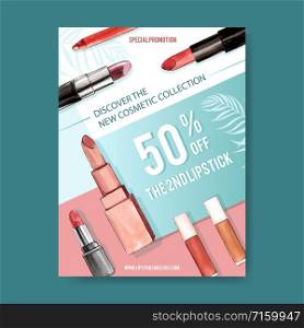 Cosmetic poster design with various lipsticks illustration watercolor.