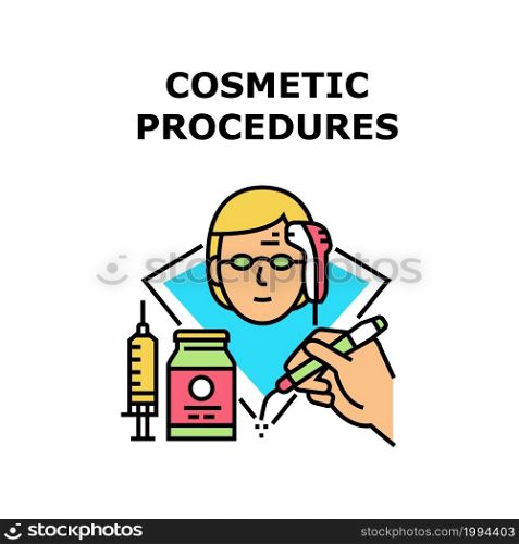 Cosmetic Procedures Vector Icon Concept. Laser Epilation And Botex Syringe Cosmetic Procedures Service In Spa And Beauty Salon. Cosmetology Renewal Delicate Treatment Color Illustration. Cosmetic Procedures Concept Color Illustration