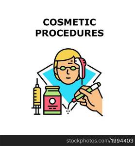 Cosmetic Procedures Vector Icon Concept. Laser Epilation And Botex Syringe Cosmetic Procedures Service In Spa And Beauty Salon. Cosmetology Renewal Delicate Treatment Color Illustration. Cosmetic Procedures Concept Color Illustration