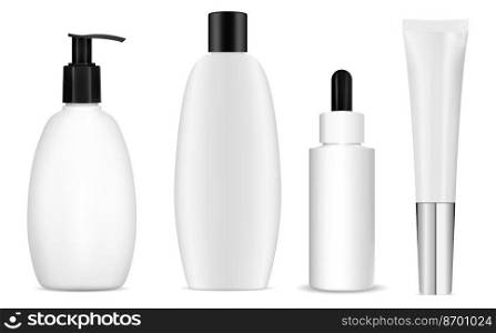 Cosmetic product bottle set, realistic vector template design, isolated. White plastic container mockup for sh&oo, cream tube, serum dropper, liquid soap dispenser. Clear packaging illustration. Cosmetic product bottle set, realistic vector template