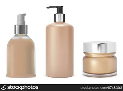 Cosmetic product bottle set. Sh&oo or lotion plastic dispenser bottle realistic vector design, bath hygiene collection. Face cream jar, beauty care pack. Glass conditioner flask for label. Cosmetic product bottle set. Lotion, sh&oo, cream