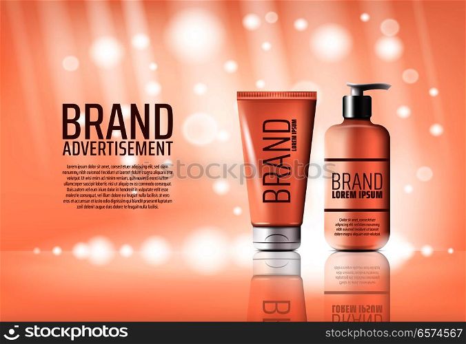 Cosmetic product brand advertising 3d poster. Beauty cream bottle promotion banner of skin care lotion pump packaging and tube mockup with shining pink background for beauty salon and spa design. Cosmetic brand advertising poster of cream bottle